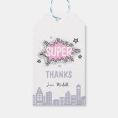 ピンクの漫画のスーパーヒーローの誕生日 ギフトタグ (正面)