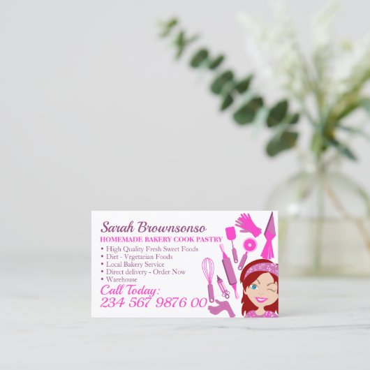 ピンクの漫画の女性ブルーアイズベーカリーケーキペストリー 名刺 (スタンド正面)