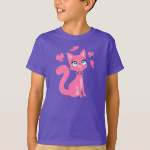 ピンクの漫画の猫と蝶の子供Tシャツ Tシャツ