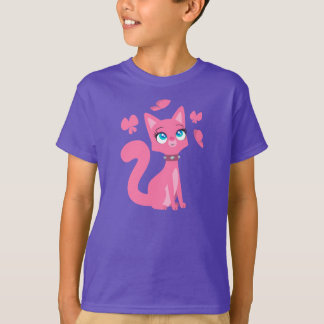 ピンクの漫画の猫と蝶の子供Tシャツ Tシャツ