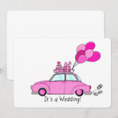 ピンクの漫画の車の結婚式招待状 招待状 (正面/裏面)