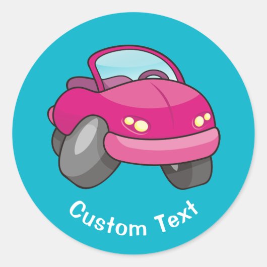 ピンクの漫画の車クラシックの丸いステッカー ラウンドシール (正面)