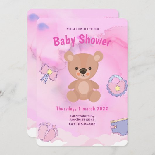 ピンクの漫画クマの虹の赤ちゃんシャワー 招待状 (正面/裏面)