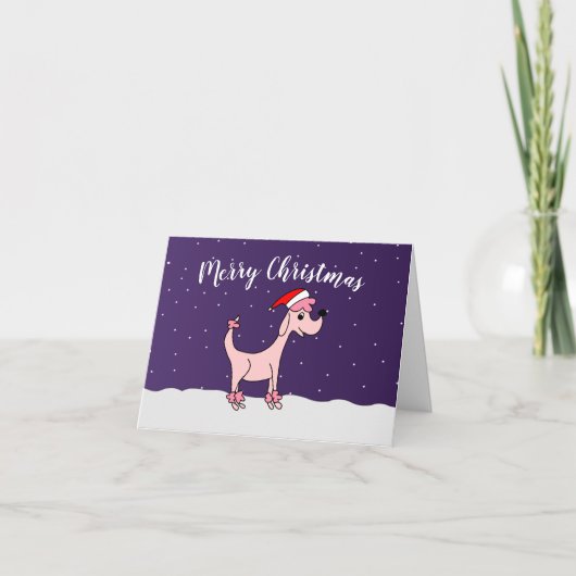 ピンクの漫画プードルポーズポーズスインスノークリスマス シーズンカード (正面)