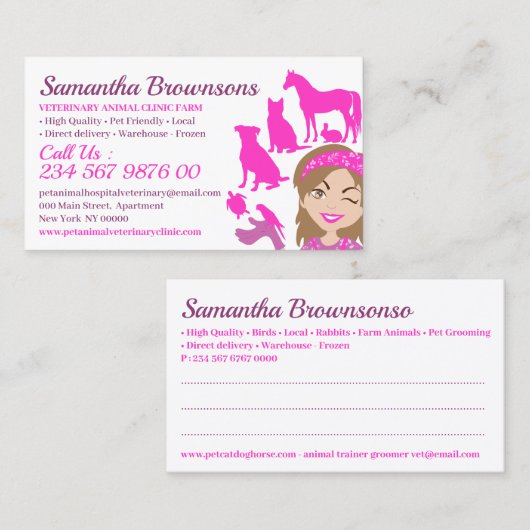ピンクの漫画ペット動物トレーナートリマー獣医 名刺 (正面/裏面)