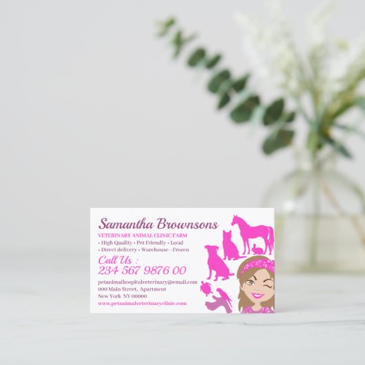 ピンクの漫画ペット動物トレーナートリマー獣医 名刺 (スタンド正面)