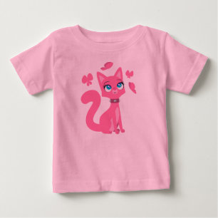 ピンクの漫画猫と蝶ベビーTシャツ ベビーTシャツ