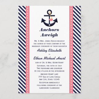 ピンクの濃紺のいかりの航海のな結婚式招待状 招待状