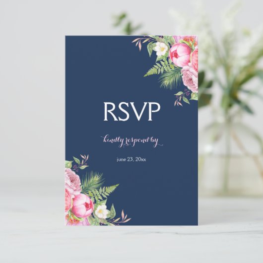 ピンクの濃紺の水彩画によってはRSVPが開花します 出欠カード