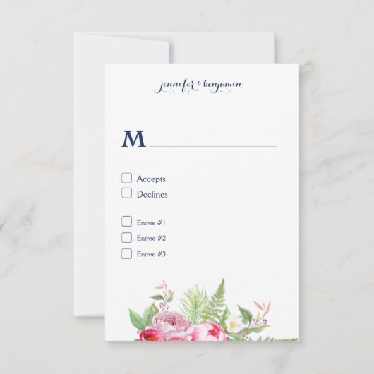 ピンクの濃紺の水彩画によってはRSVPが開花します 出欠カード (裏面)