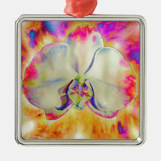 ピンクの火の蘭、超現実的な水色の花模様 メタルオーナメント (正面)