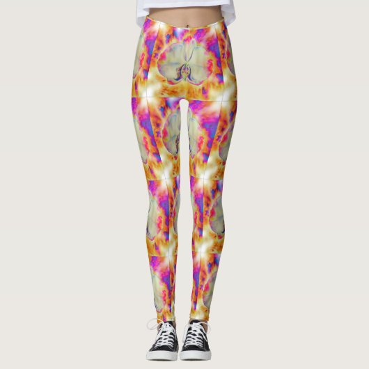 ピンクの火の蘭、超現実的な水色の花模様 レギンス (正面)