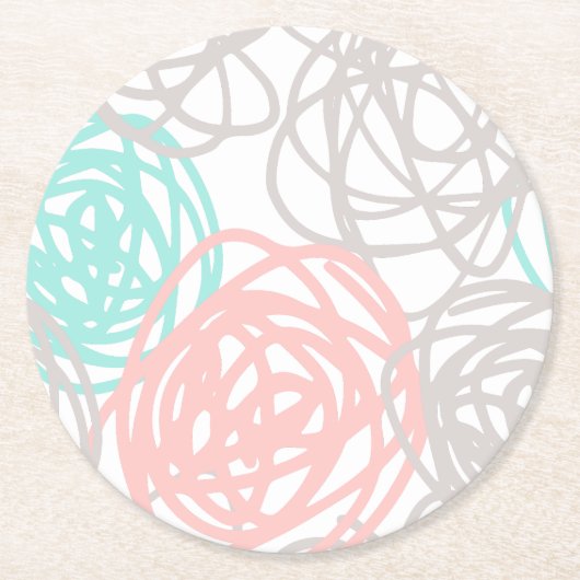 ピンクの灰色およびティール(緑がかった色)の落書きパターン ラウンドペーパーコースター (正面)