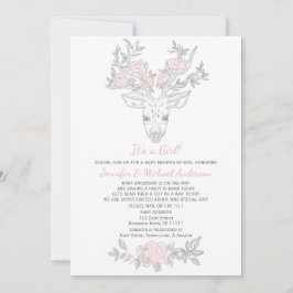 ピンクの灰色のウッドランドの女の子の鹿の赤ちゃんシャワーbyメール 招待状