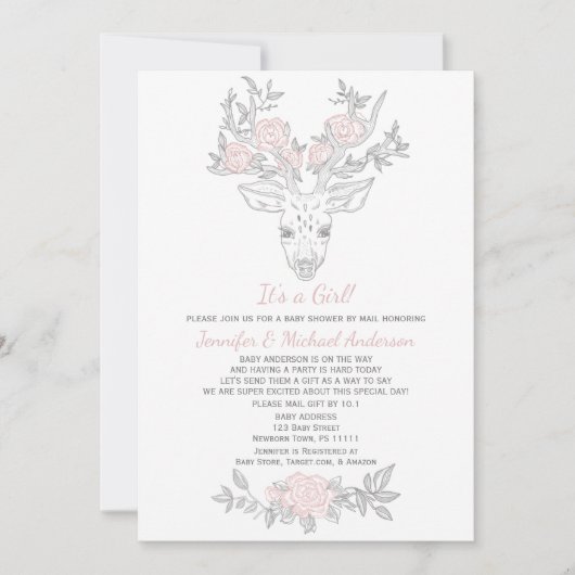ピンクの灰色のウッドランドの女の子の鹿の赤ちゃんシャワーbyメール 招待状 (正面)