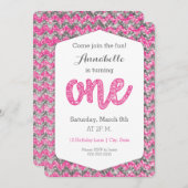 ピンクの灰色のグリッターの最初バースデー・カード 招待状 (正面/裏面)