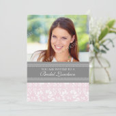 ピンクの灰色のダマスク織の写真の花嫁の昼食会の招待状 招待状 (スタンド正面)