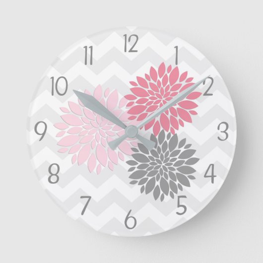 ピンクの灰色のダリアの花の柱時計 ラウンド壁時計 (正面)