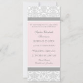 ピンクの灰色のテンプレートの新生児の誕生の発表 案内状 (裏面)