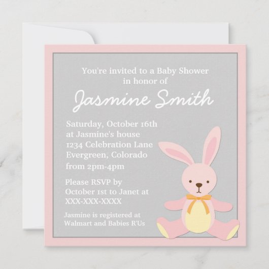 ピンクの灰色のバニーウサギのベビーシャワー招待状 招待状 (正面)