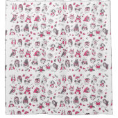 ピンクの灰色のフクロウがかわいい手描きの柄 シャワーカーテン (正面)