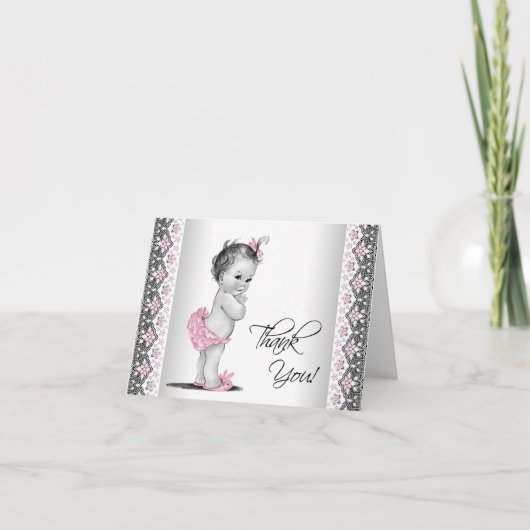 ピンクの灰色のヴィンテージのベビーシャワーは感謝していしています サンキューカード (正面)