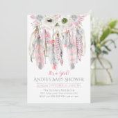 ピンクの灰色の夢のキャッチャーの花柄の羽の矢 招待状 (スタンド正面)