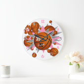 ピンクの灰色の星のスポーツルームの装飾を持つバスケットボール ラージ壁時計 (ホーム)