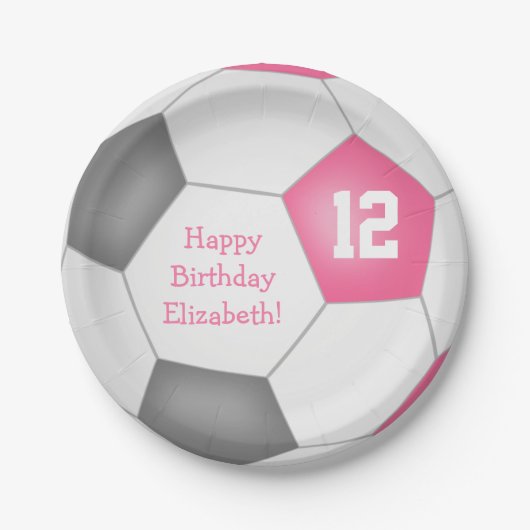 ピンクの灰色の白いサッカーをテーマにした誕生日パーティー ペーパープレート (正面)