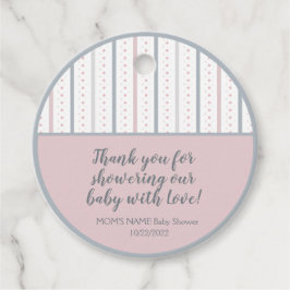 ピンクの灰色の白ストライプのと赤点々のあるちゃんシャワー フェイバータグ