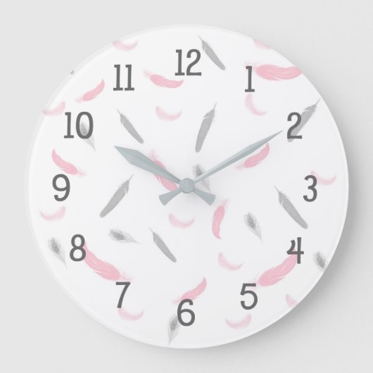 ピンクの灰色の羽は、女の子の子供部屋の寝室時間を記録します ラージ壁時計 (正面)