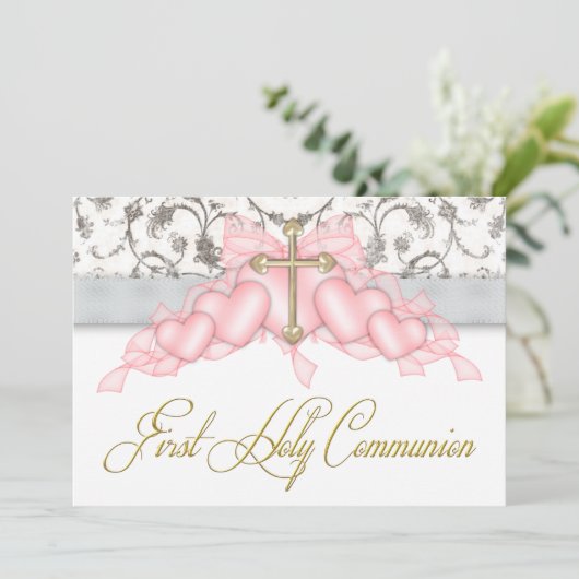 ピンクの灰色の金ゴールドの十字の女の子のピンクの最初聖餐 招待状 (スタンド正面)