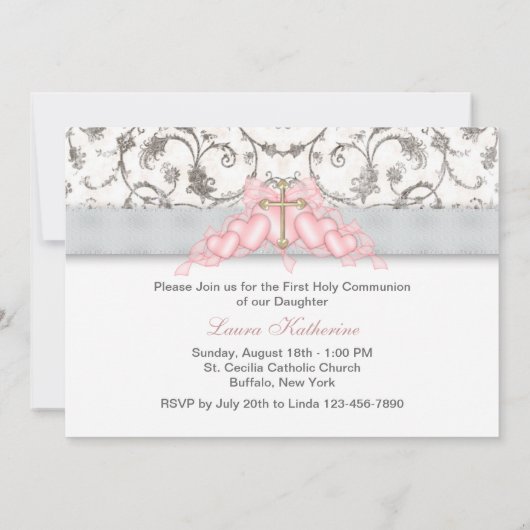 ピンクの灰色の金ゴールドの十字の女の子のピンクの最初聖餐 招待状 (裏面)