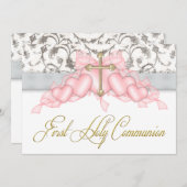 ピンクの灰色の金ゴールドの十字の女の子のピンクの最初聖餐 招待状 (正面/裏面)