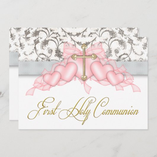 ピンクの灰色の金ゴールドの十字の女の子のピンクの最初聖餐 招待状 (正面/裏面)