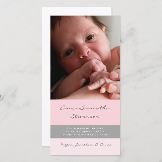 ピンクの灰色はベビーシャワーの写真カード感謝していしています サンキューカード (正面/裏面)