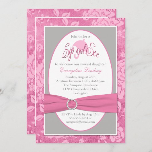 ピンクの灰色白の花の一口は招待状を見、 招待状 (正面/裏面)