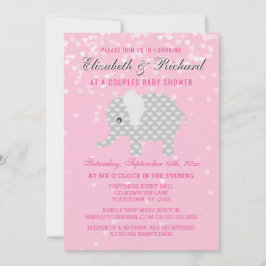 ピンクの灰色象のハートのカップルの女の子のベビーシャワー 招待状
