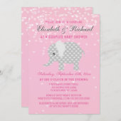 ピンクの灰色象のハートのカップルの女の子のベビーシャワー 招待状 (正面/裏面)