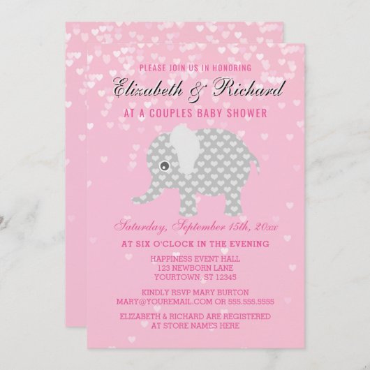 ピンクの灰色象のハートのカップルの女の子のベビーシャワー 招待状 (正面/裏面)