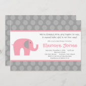 ピンクの灰色象のベビーシャワーの招待状 招待状 (正面/裏面)
