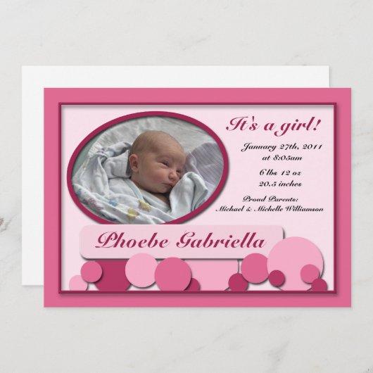 ピンクの点々のあるおもしろい誕生のお知らせ 案内状 (正面/裏面)