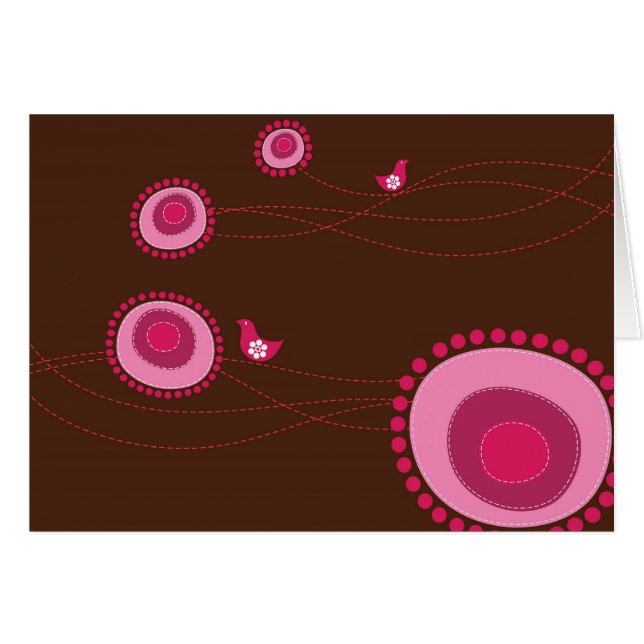 ピンクの点々のあるな花および幸せな鳥カード (正面横)