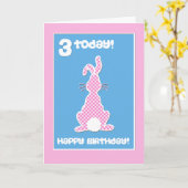 ピンクの点検の第3誕生日のかわいいバニーウサギ カード (黄色い花)