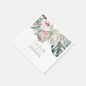 ピンクの熱帯の花とヤシ離れのビーチパーティー スタンダードカクテルナプキン (角)