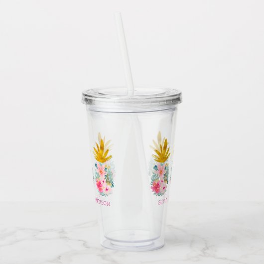 ピンクの熱帯の花と金ゴールドパイナップル アクリルタンブラー (左)