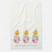 ピンクの熱帯の花と金ゴールドパイナップル キッチンタオル (縦)