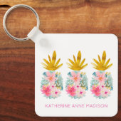 ピンクの熱帯の花と金ゴールドパイナップル キーホルダー (正面)