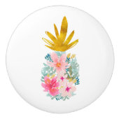 ピンクの熱帯の花と金ゴールドパイナップル セラミックノブ (正面)