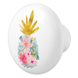 ピンクの熱帯の花と金ゴールドパイナップル セラミックノブ